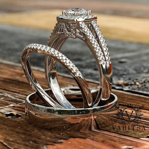 0.77ct Brilliant Cut Split Shank Gold Halo Complete Wedding Set - 03US89